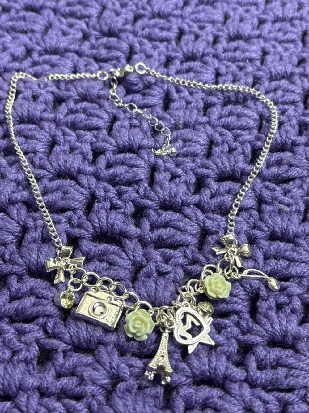 Silvertone Charm Necklace Roses Bows Eiffel Tower Star Heart Camera Music Note